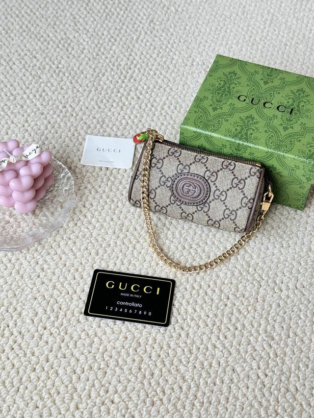 Gucci New Women's Beige Ebony Canvas Strawberry Zipper Coin Purse