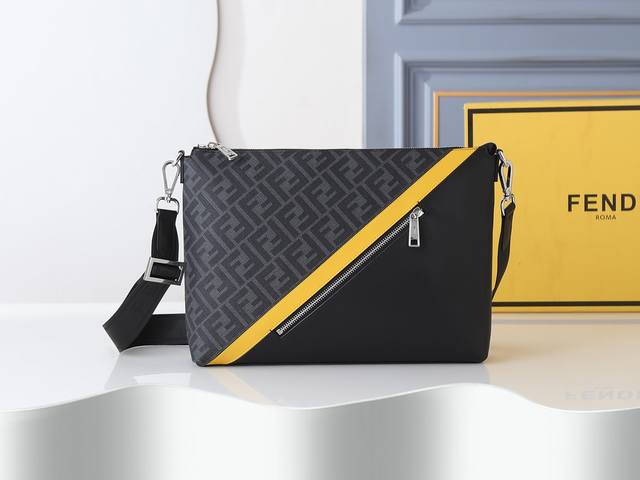 Style No. F7Va Black floral print, slim messenger bag with a zippered central c