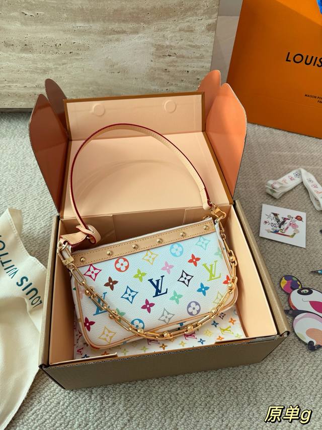 Comes with box Size: 22*13Cm Lv Takashi Murakami White Tricolor Mahjong Bag Mah