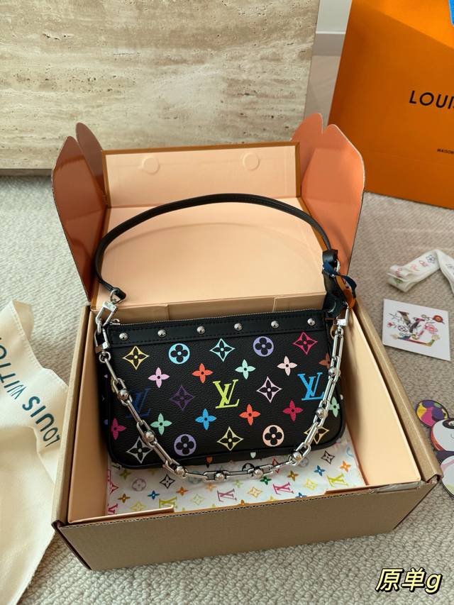 Comes with box Size: 22*13Cm Lv Takashi Murakami Black Tricolor Mahjong Bag Mah