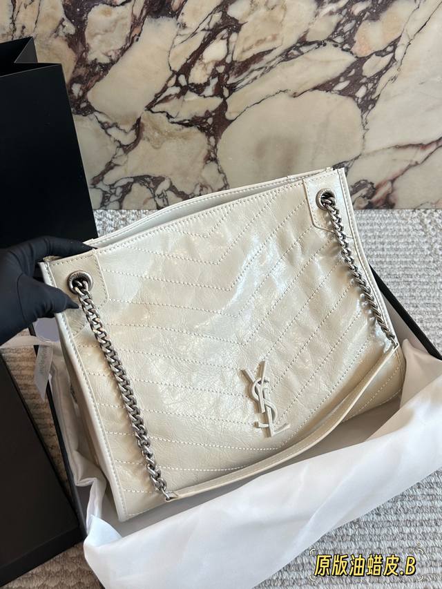 Comes with box Size: 32*27Cm YSL tote bag, crackled waxed cowhide Niki Shopping